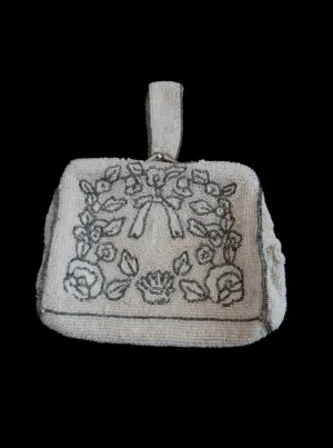 1940s Silver & White Beaded Dance Purse, Evening Bag, by Blue Ribbon