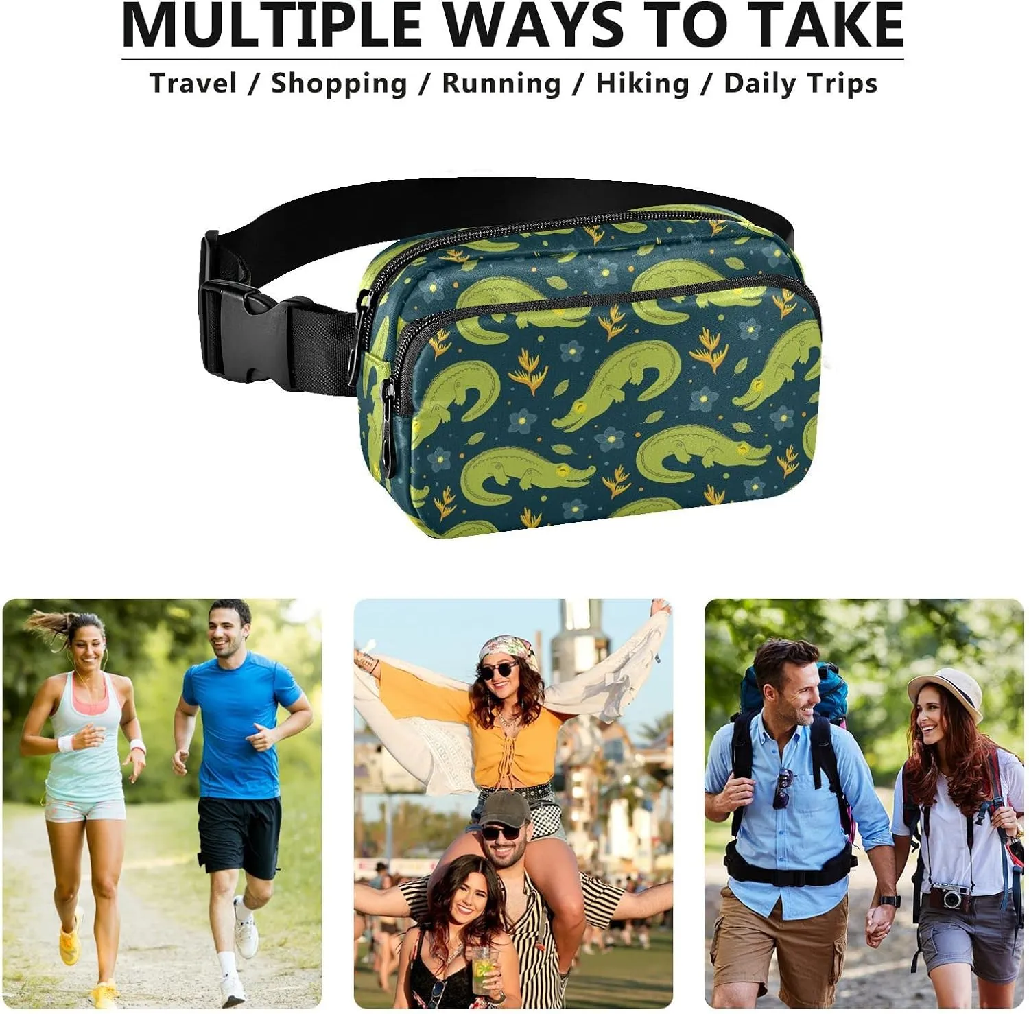 Alligator Pattern Fanny Pack for Men Women,Crossbody Waist Bag Pack with Adjustable Strap Mini Belt Bag for Running Cycling