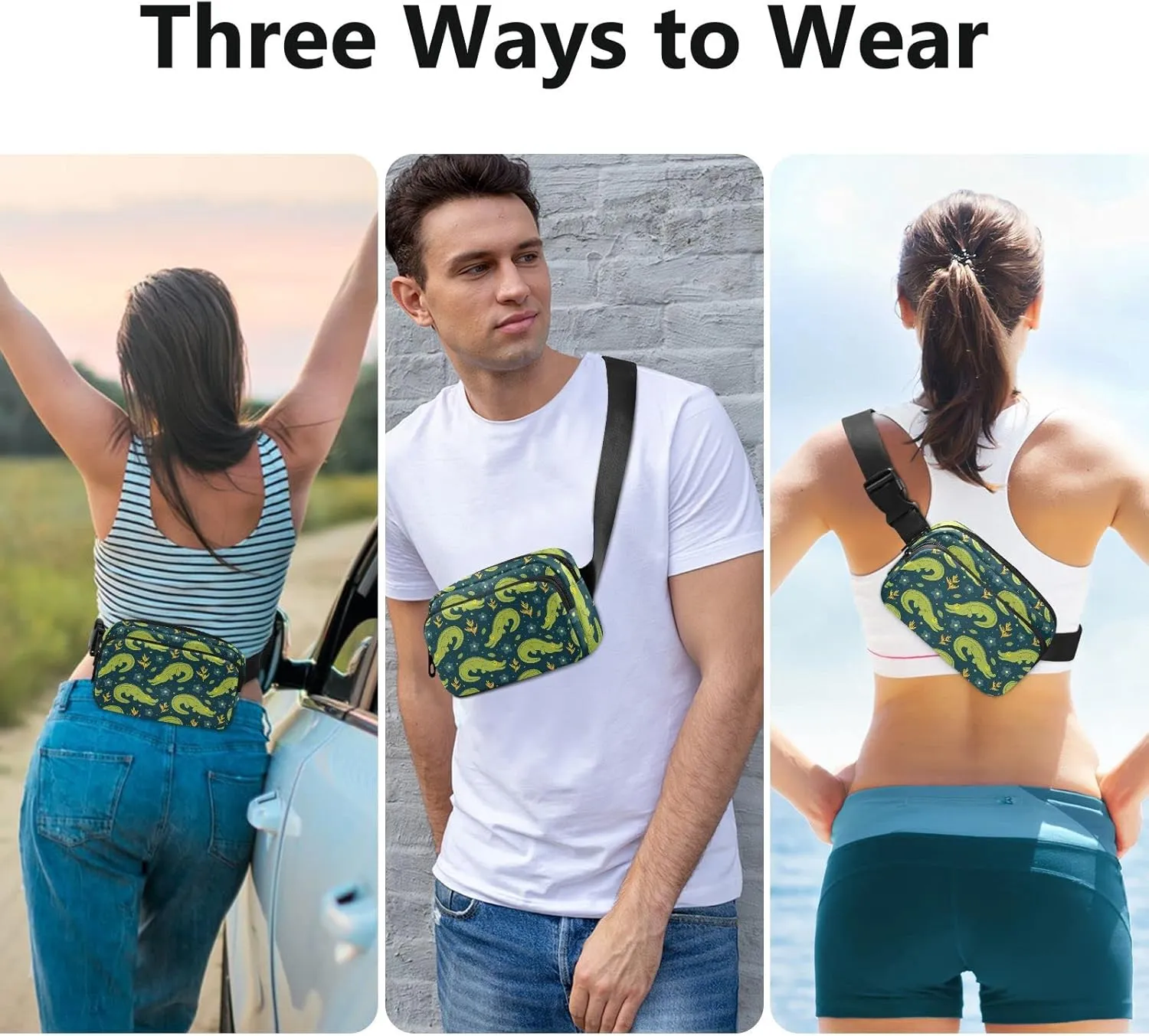 Alligator Pattern Fanny Pack for Men Women,Crossbody Waist Bag Pack with Adjustable Strap Mini Belt Bag for Running Cycling