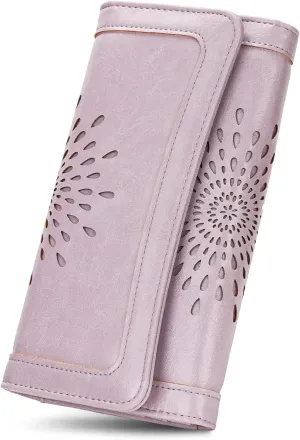 APHISON Womens Wallets RFID Blocking Leather Clutch Long Wallet for Women Card Holder Phone Organizer Ladies Travel Purse Hollow Out Sunflower Design Gift