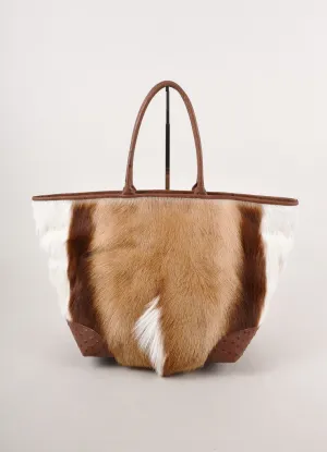 Brown and White Ostrich Leather and Springbok Hair "Nina" Box Tote Bag
