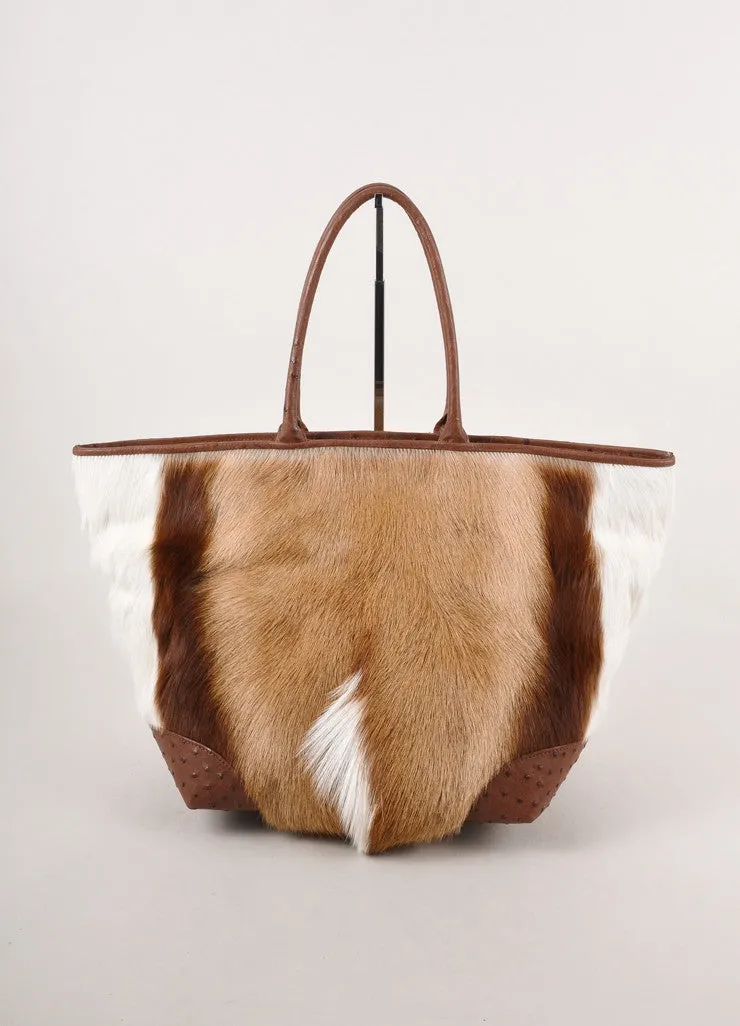 Brown and White Ostrich Leather and Springbok Hair "Nina" Box Tote Bag