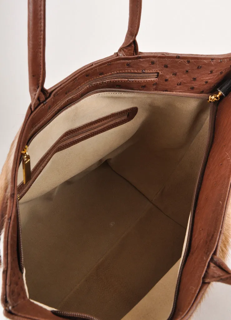 Brown and White Ostrich Leather and Springbok Hair "Nina" Box Tote Bag