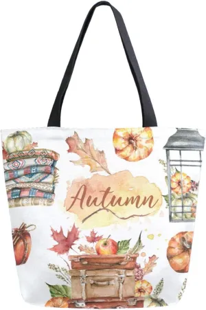 Canvas Tote Bag Hello Autumn Set Woman Beach Bag Plaid Lantern Pumpkins Yellow Leaves Shoulder Bag