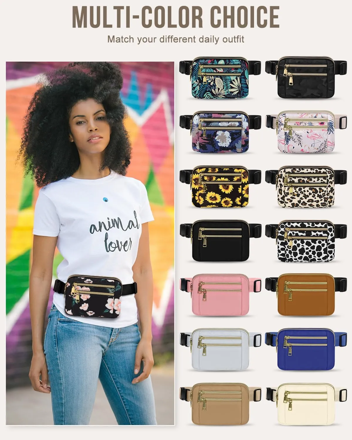 Capolo Fanny Packs for Women Fashion Waist Packs Bag with Adjustable Strap and 4 Zipper Pockets Waterproof Everywhere Crossbody Belt Bag for Workout Running Travelling(Black Flower)