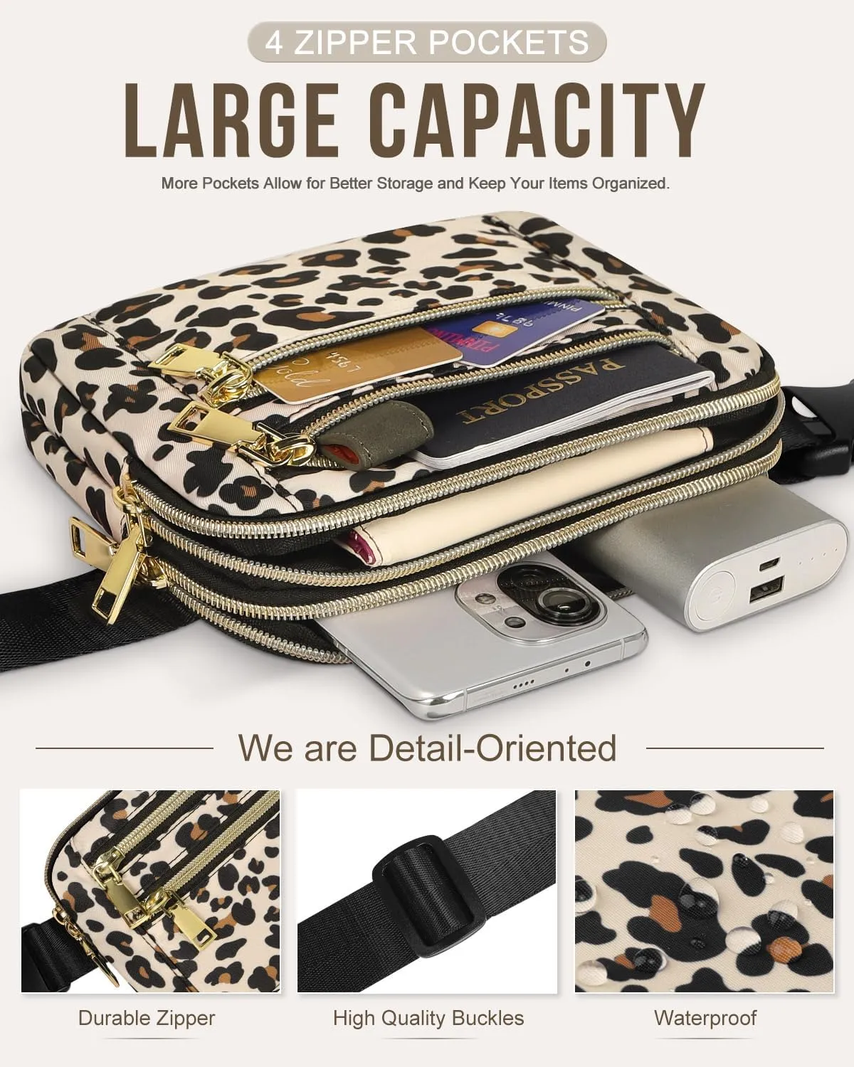 Capolo Fanny Packs for Women Fashion Waist Packs Bag with Adjustable Strap and 4 Zipper Pockets Waterproof Everywhere Crossbody Belt Bag for Workout Running Travelling(Leopard)