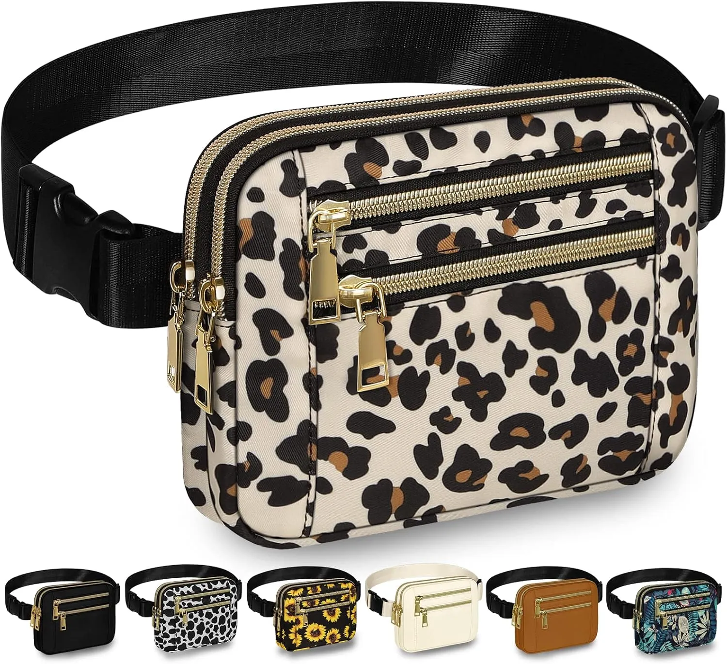 Capolo Fanny Packs for Women Fashion Waist Packs Bag with Adjustable Strap and 4 Zipper Pockets Waterproof Everywhere Crossbody Belt Bag for Workout Running Travelling(Leopard)