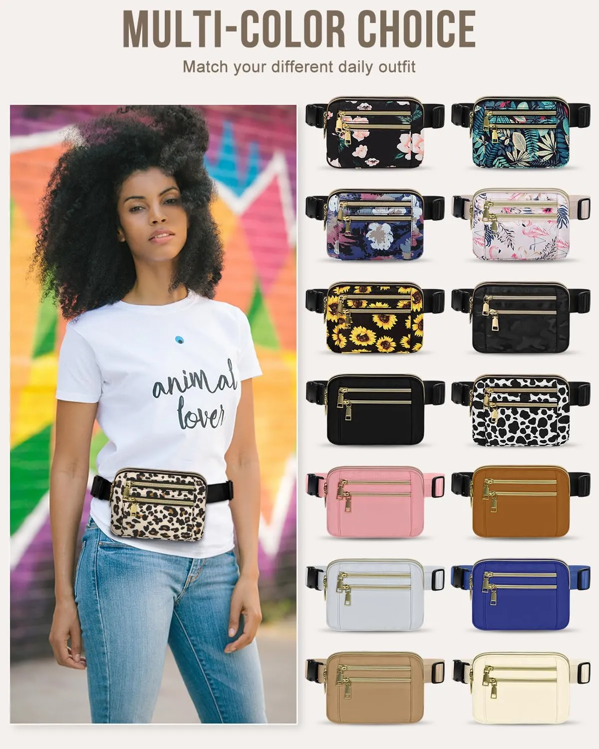 Capolo Fanny Packs for Women Fashion Waist Packs Bag with Adjustable Strap and 4 Zipper Pockets Waterproof Everywhere Crossbody Belt Bag for Workout Running Travelling(Leopard)