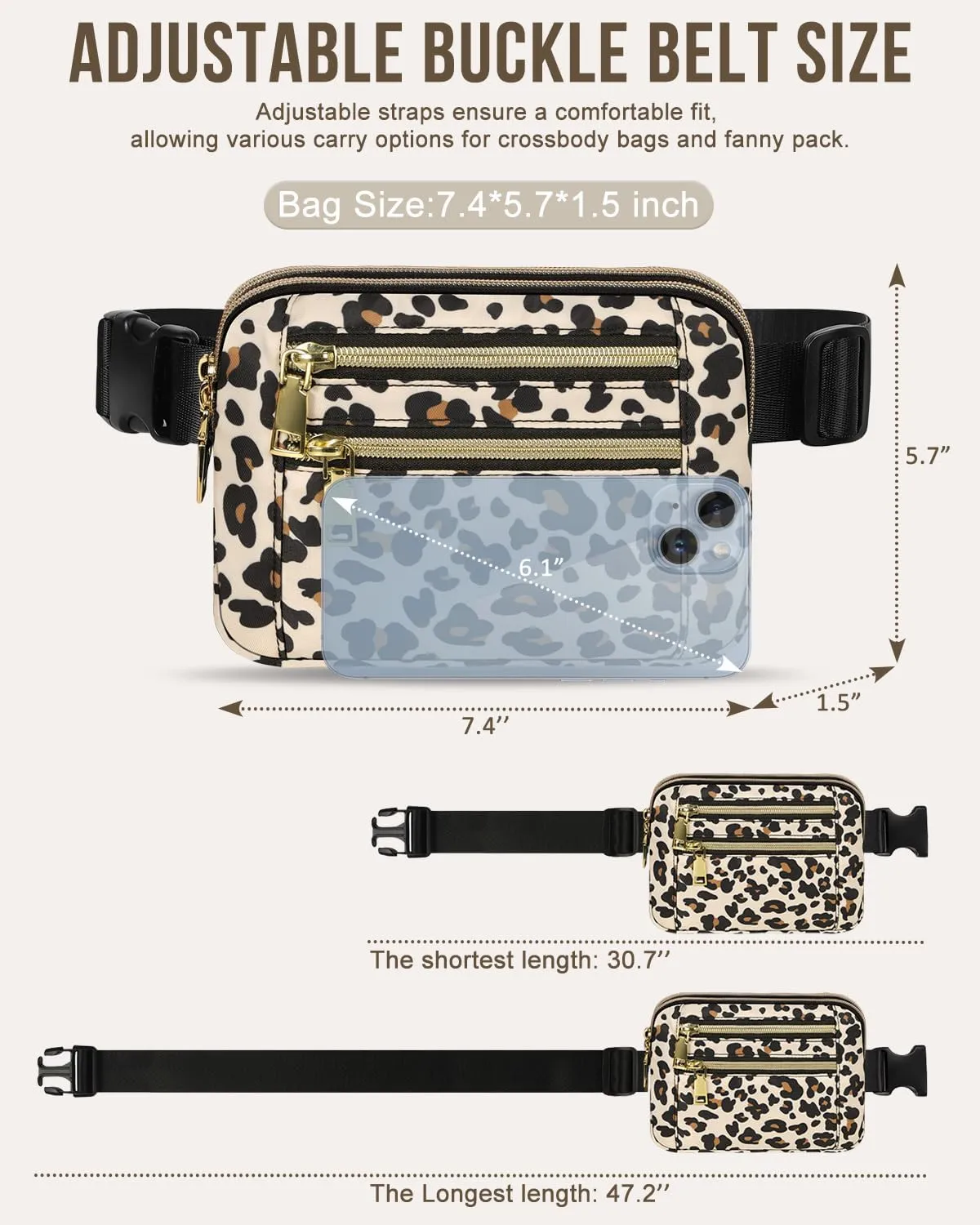 Capolo Fanny Packs for Women Fashion Waist Packs Bag with Adjustable Strap and 4 Zipper Pockets Waterproof Everywhere Crossbody Belt Bag for Workout Running Travelling(Leopard)