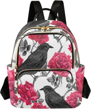 CEBUGI Raven Birds in Red Roses Women's Backpack Purse Fashion Travel Anti Theft Backpack Casual Daypack for Work College,S