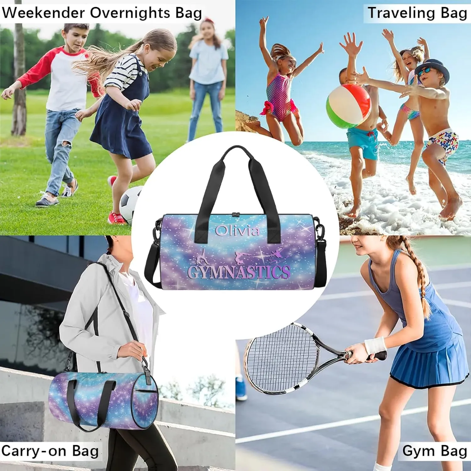 Custom Gymnastics Duffel Bag Round Personalized Name Dance Ballet Bags Waterproof