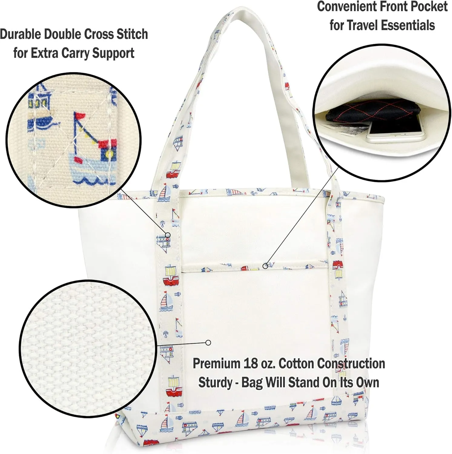DALIX 20" Large Sail Boat Tote Shoulder Bag Heavy Cotton Canvas in White