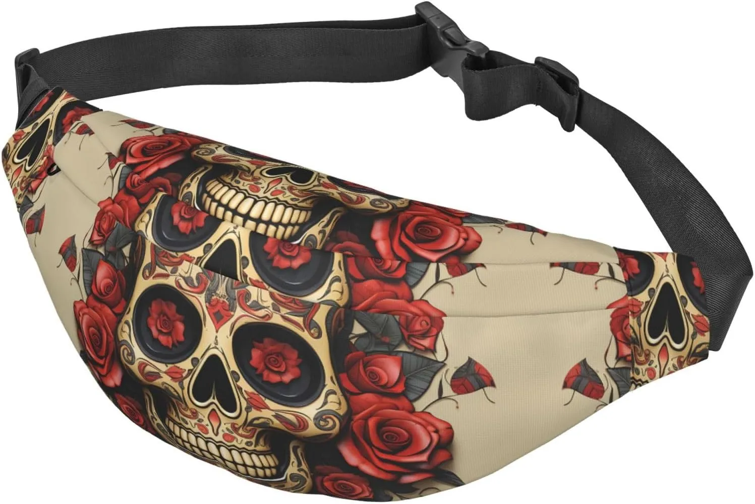Fanny Pack Red Rose Sugar Skull Waist Pack For Women Men Waterproof Belt Bag With Adjustable Belt Casual Crossbody Bag Travel Waist Bag For Sports Running Cycling