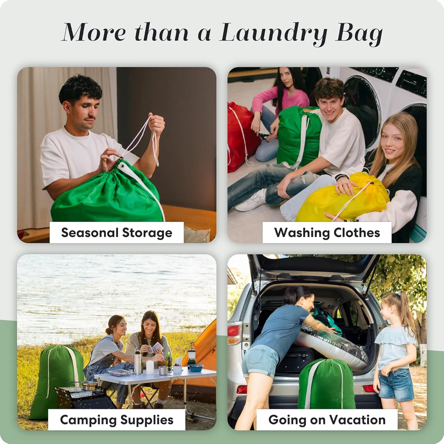 Handy Laundry Shoulder Strap Bag - Drawstring Locking Closure, Durable Nylon Material, Large Capacity, Heavy Duty Stitching, Perfect for Laundromat or College Dorm (Green | 30" x 40")