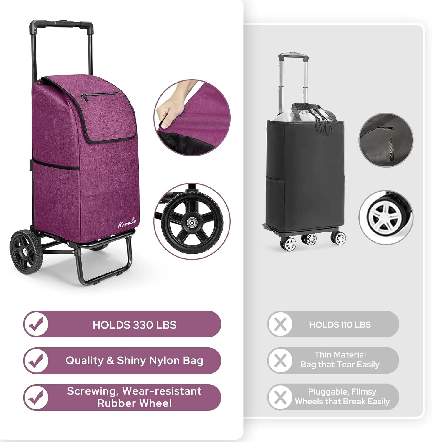 KEDSUM 2 in 1 Shopping Cart for Groceries, 330 lbs Grocery Cart on Wheels, Foldable Utility Carts with Wheels, Load-Bearing Hand Truck with Purple Waterproof Bag for Shopping, Camping, Laundry, Garden