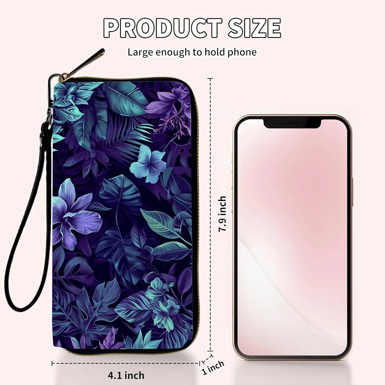 Ladies Wallet,Clutch Purses for Women Wallets Leather Credit Card Holder for Women Wristlet Slim Small Cute with Zipper,Thin RFID Blocking with Wrist Strap,Purple Floral Plant