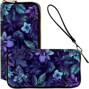 Ladies Wallet,Clutch Purses for Women Wallets Leather Credit Card Holder for Women Wristlet Slim Small Cute with Zipper,Thin RFID Blocking with Wrist Strap,Purple Floral Plant
