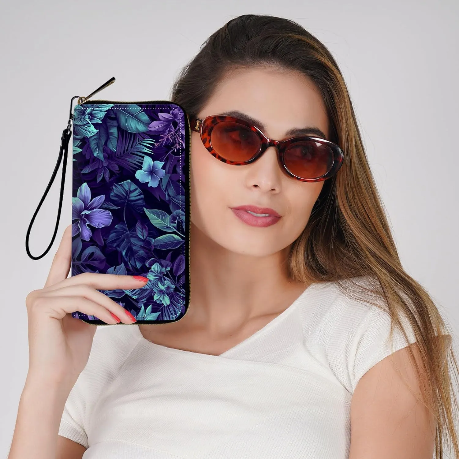 Ladies Wallet,Clutch Purses for Women Wallets Leather Credit Card Holder for Women Wristlet Slim Small Cute with Zipper,Thin RFID Blocking with Wrist Strap,Purple Floral Plant