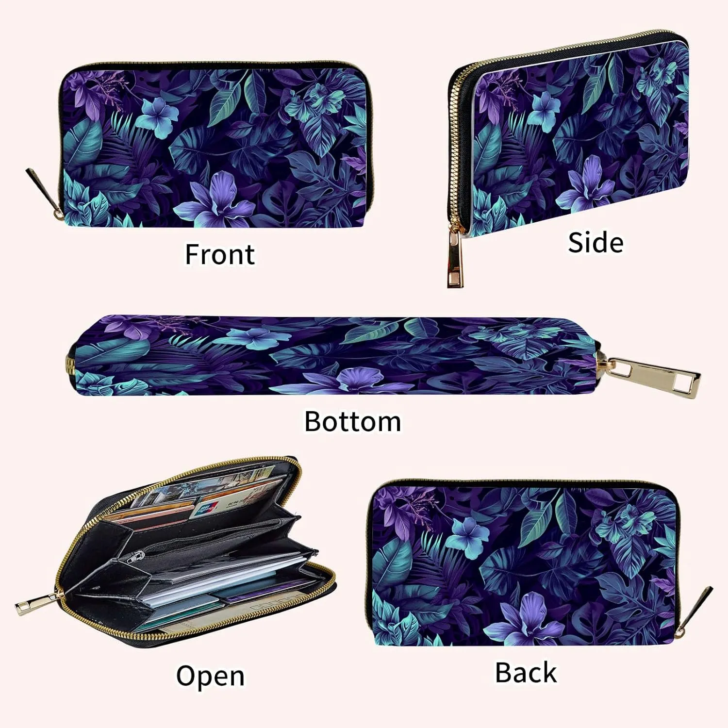 Ladies Wallet,Clutch Purses for Women Wallets Leather Credit Card Holder for Women Wristlet Slim Small Cute with Zipper,Thin RFID Blocking with Wrist Strap,Purple Floral Plant