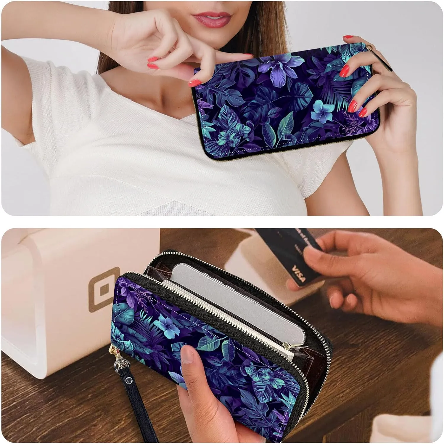 Ladies Wallet,Clutch Purses for Women Wallets Leather Credit Card Holder for Women Wristlet Slim Small Cute with Zipper,Thin RFID Blocking with Wrist Strap,Purple Floral Plant