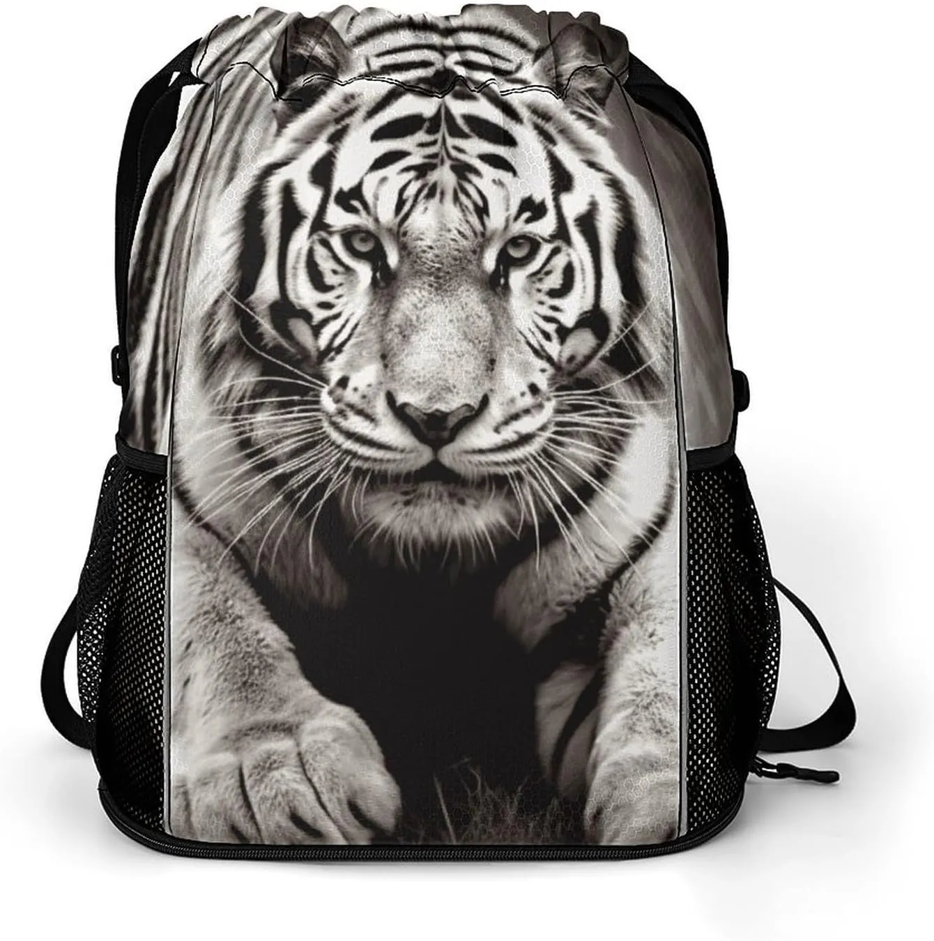 Large Sports Drawstring Backpack Black And White Tiger Printed with Dry-Wet Separation | Digital Print Gym Sack | Waterproof Fabric | Shoe Compartment & PVC Pocket | Hydration Mesh for Fitness, Travel