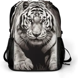 Large Sports Drawstring Backpack Black And White Tiger Printed with Dry-Wet Separation | Digital Print Gym Sack | Waterproof Fabric | Shoe Compartment & PVC Pocket | Hydration Mesh for Fitness, Travel