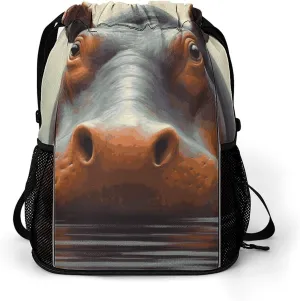 Large Sports Drawstring Backpack Hippo Printed with Dry-Wet Separation | Digital Print Gym Sack | Waterproof Fabric | Shoe Compartment & PVC Pocket | Hydration Mesh for Fitness, Travel, Work