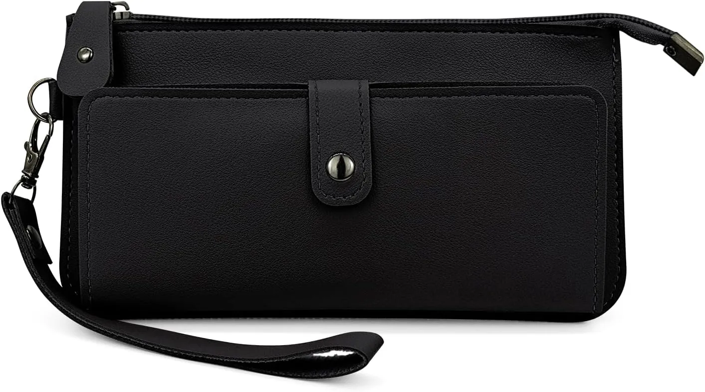 Long Handheld Wallet, Multiple Card Slots Womens Bag with a Double Folding Buckle Zipper Design, Card Holder for Storing ID Cards, Money and Mobile Phones (Black)