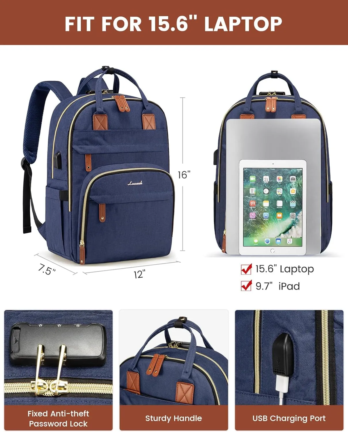 LOVEVOOK Laptop Backpack for Women & Men, Unisex Travel Anti-theft Work College Bag, Business Computer Backpacks Purse, Casual Hiking Daypack with Lock, Fits 15.6 Inch Laptop, Dark Blue