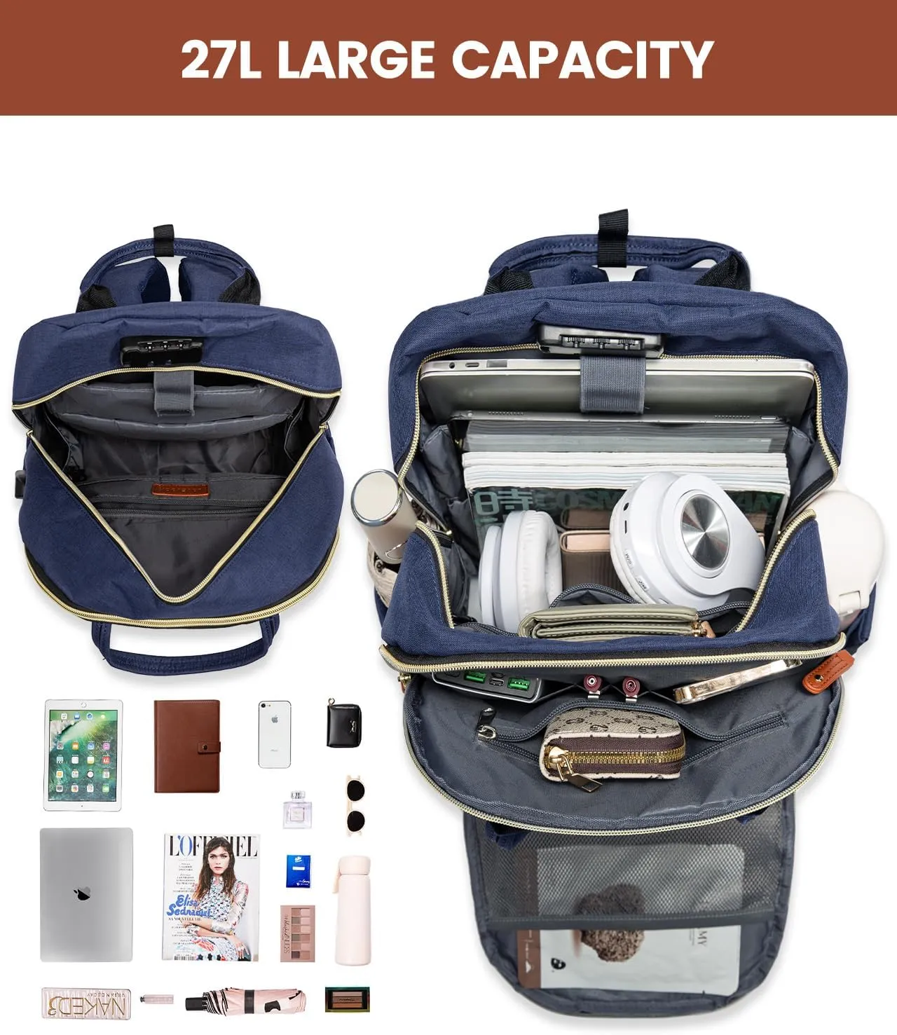 LOVEVOOK Laptop Backpack for Women & Men, Unisex Travel Anti-theft Work College Bag, Business Computer Backpacks Purse, Casual Hiking Daypack with Lock, Fits 15.6 Inch Laptop, Dark Blue