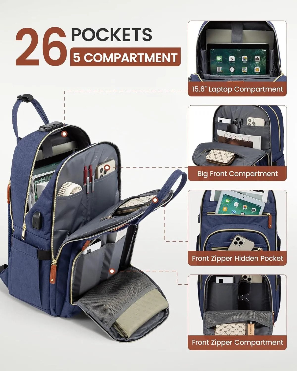 LOVEVOOK Laptop Backpack for Women & Men, Unisex Travel Anti-theft Work College Bag, Business Computer Backpacks Purse, Casual Hiking Daypack with Lock, Fits 15.6 Inch Laptop, Dark Blue