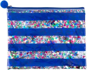 MainStreet Collection Travel Pouch with Confetti and Pom Pom Zipper Waterproof Accessory Clutch (Navy Stripe)