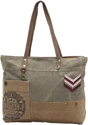 Military Badge Upcycled Canvas and Genuine Leather Trim Tote Bag