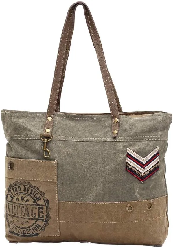 Military Badge Upcycled Canvas and Genuine Leather Trim Tote Bag