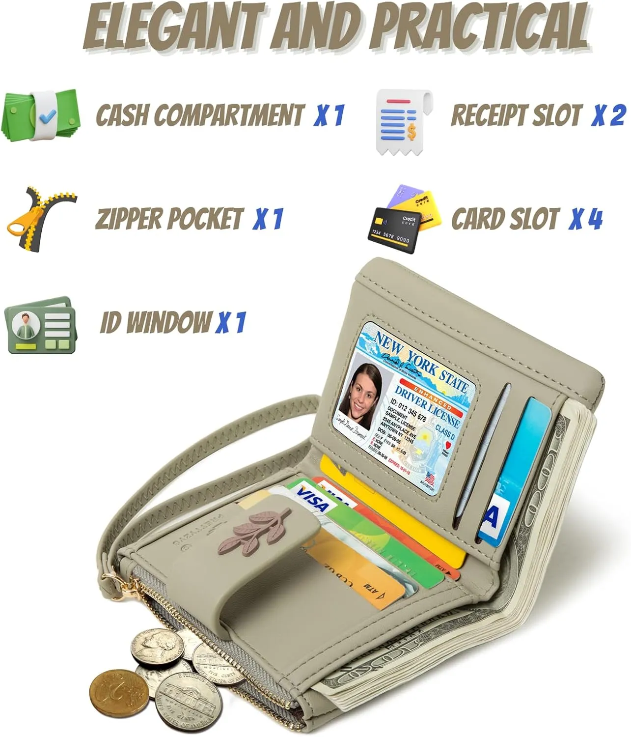 Prettyzys Small Bifold Wristlet Wallet for Women  Handmade, RFID Blocking Wallet Case with Credit Card Sleeves, Cash & Coin Storage Compartments  Mini Purse for Ladies, Teenage Girls - Grey Green