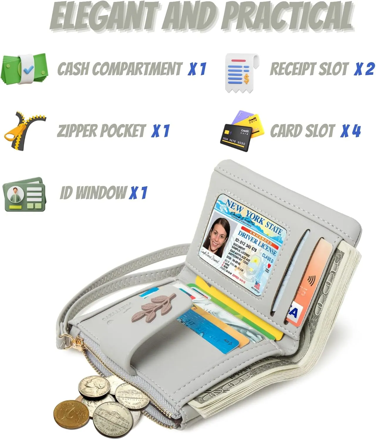 Prettyzys Small Bifold Wristlet Wallet for Women  Handmade, RFID Blocking Wallet Case with Credit Card Sleeves, Cash & Coin Storage Compartments  Mini Purse for Ladies, Teenage Girls - Grey