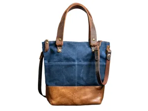 READY TO SHIP | The MINI ML tote! | Waxed Canvas and leather tote bag | ZIPPER NAVY THIN CROSSBODY   HANDLE
