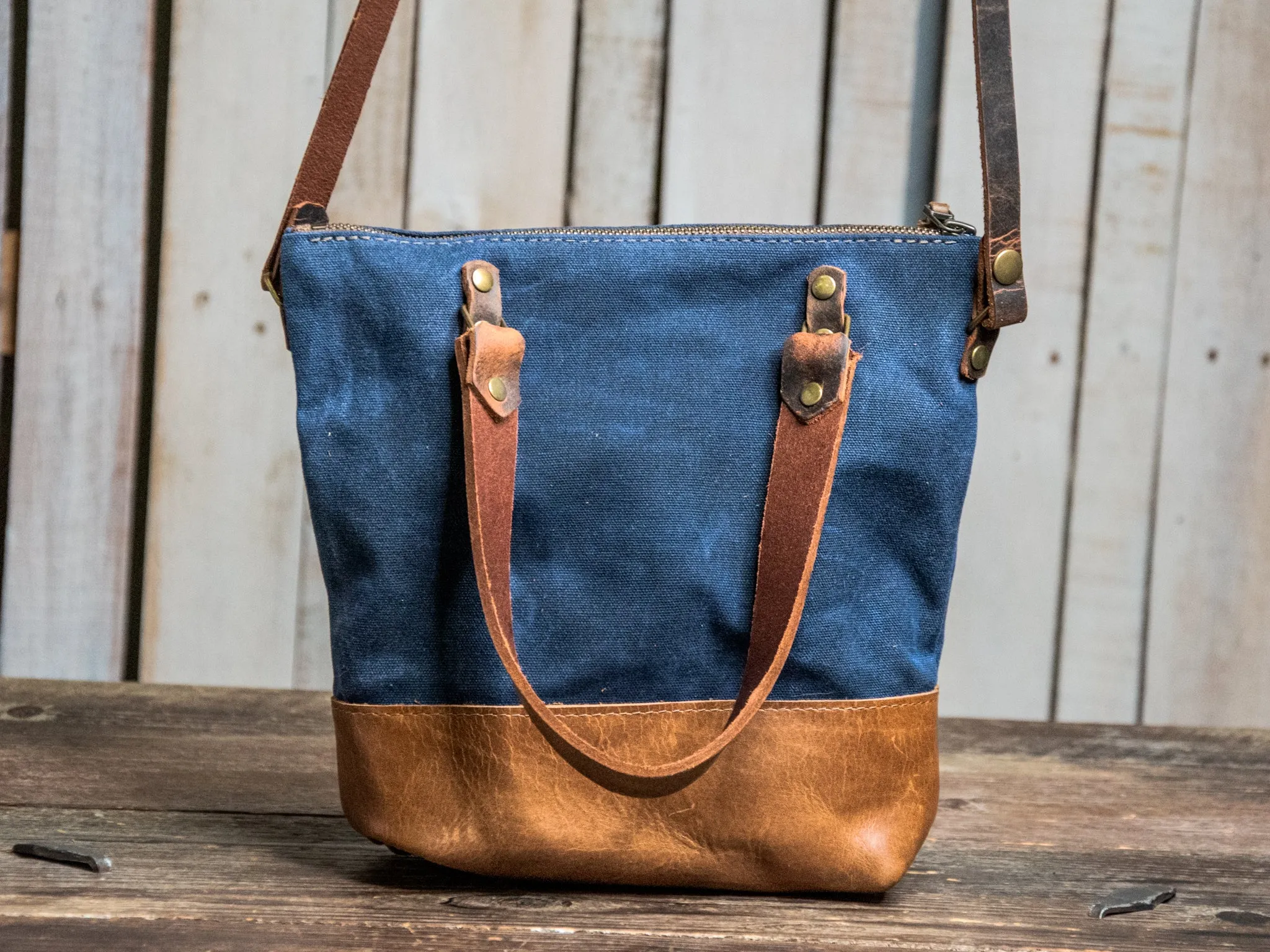 READY TO SHIP | The MINI ML tote! | Waxed Canvas and leather tote bag | ZIPPER NAVY THIN CROSSBODY   HANDLE