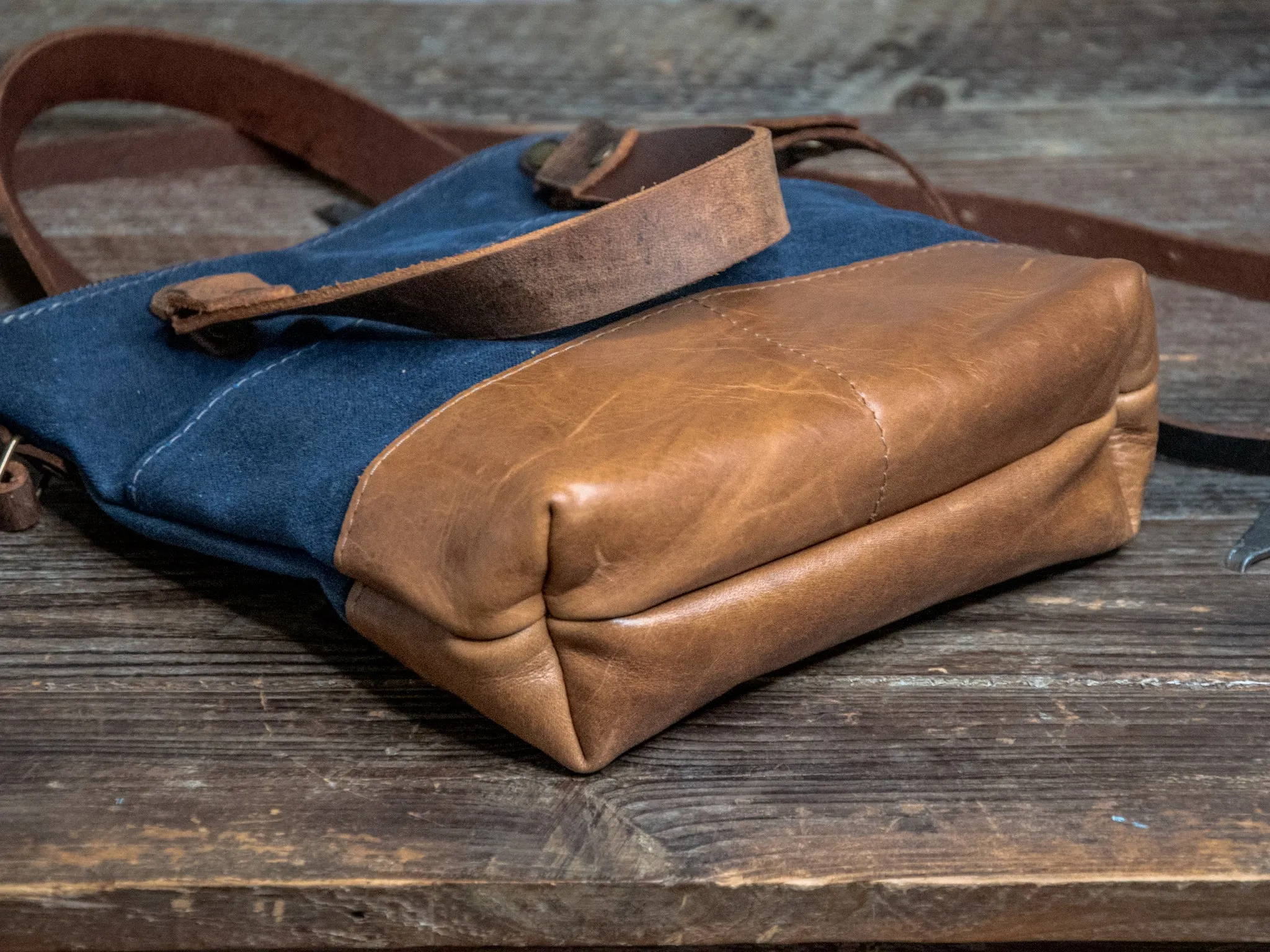 READY TO SHIP | The MINI ML tote! | Waxed Canvas and leather tote bag | ZIPPER NAVY THIN CROSSBODY   HANDLE