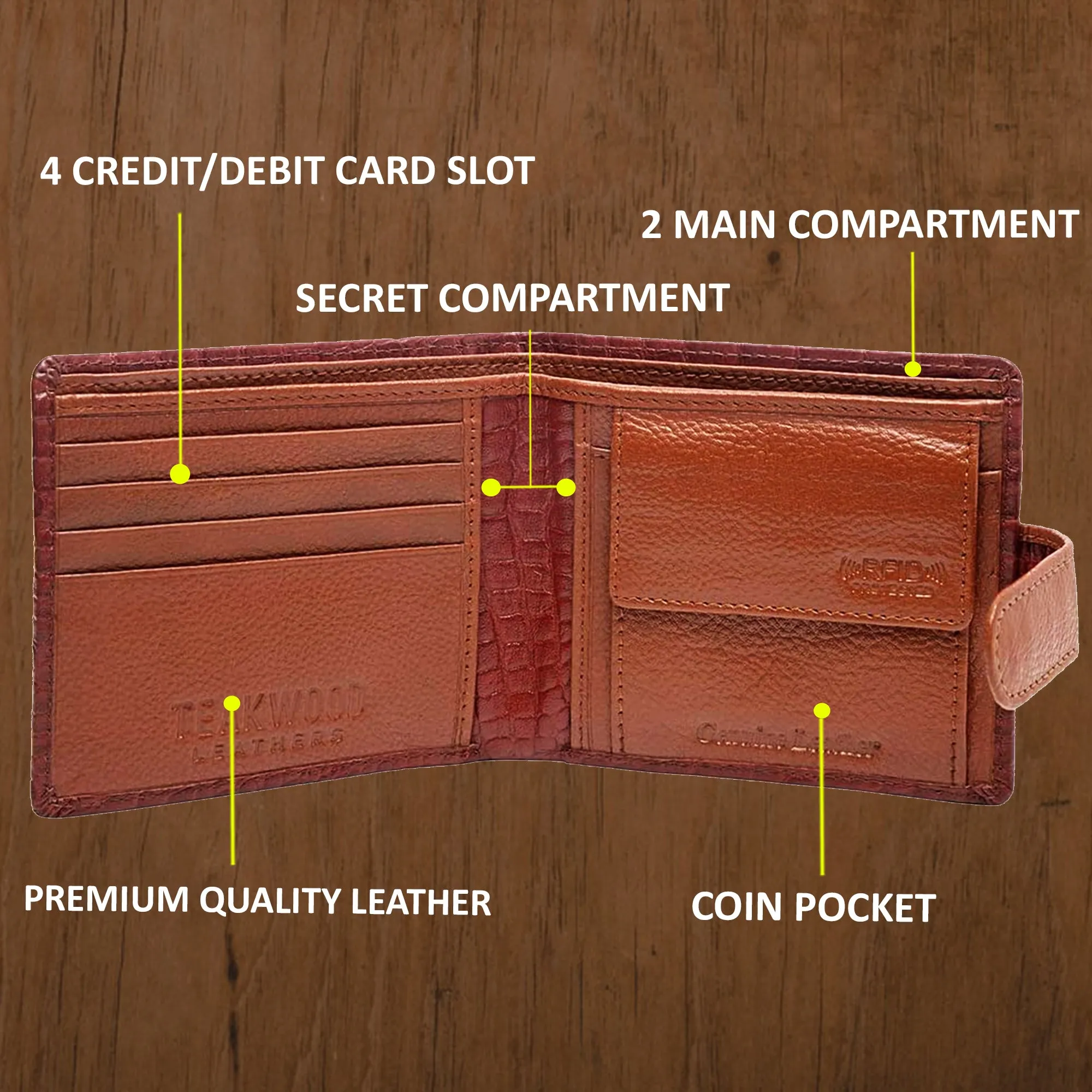 Teakwood Unisex Genuine Leather Tan Bi Fold RFID Solid Wallet