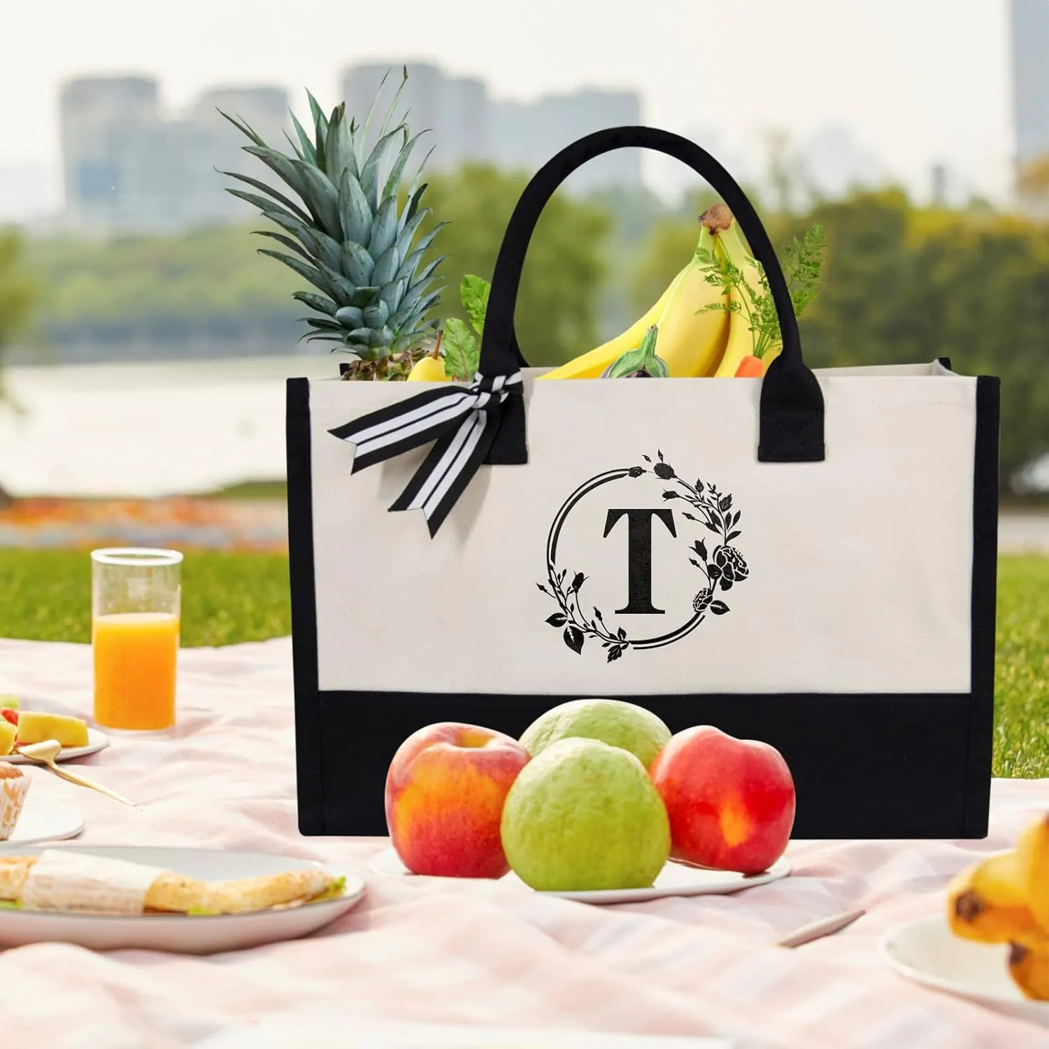 TOPDesign Personalized Initial Jute/Canvas Beach Bag, Monogrammed Gift Tote Bag for Women