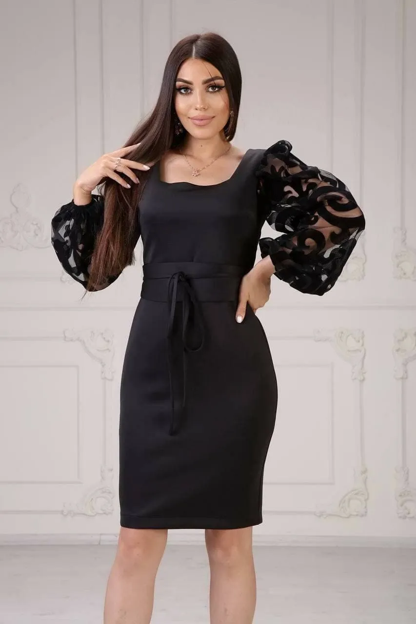 Transparent Designed  Velvet Sleeves Black Dress