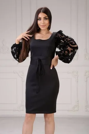 Transparent Designed  Velvet Sleeves Black Dress