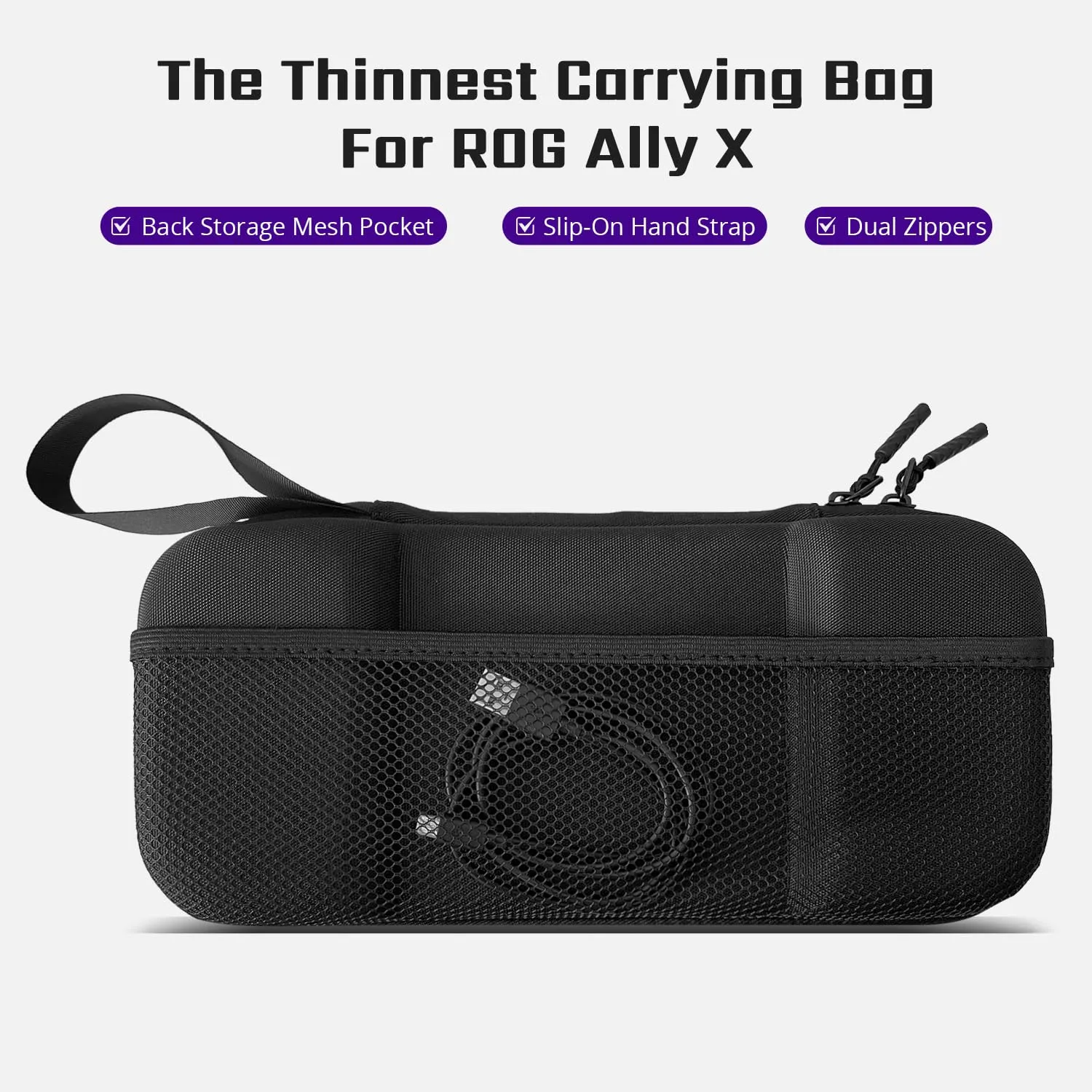 Ultra Thin Carrying Bag for ASUS ROG Ally X, 900D High Grade Nylon with Back Mesh Pocket, Portable Traveling Case, Dust-proof, Anti-scratch, Gaming Handheld Accessories (Black)