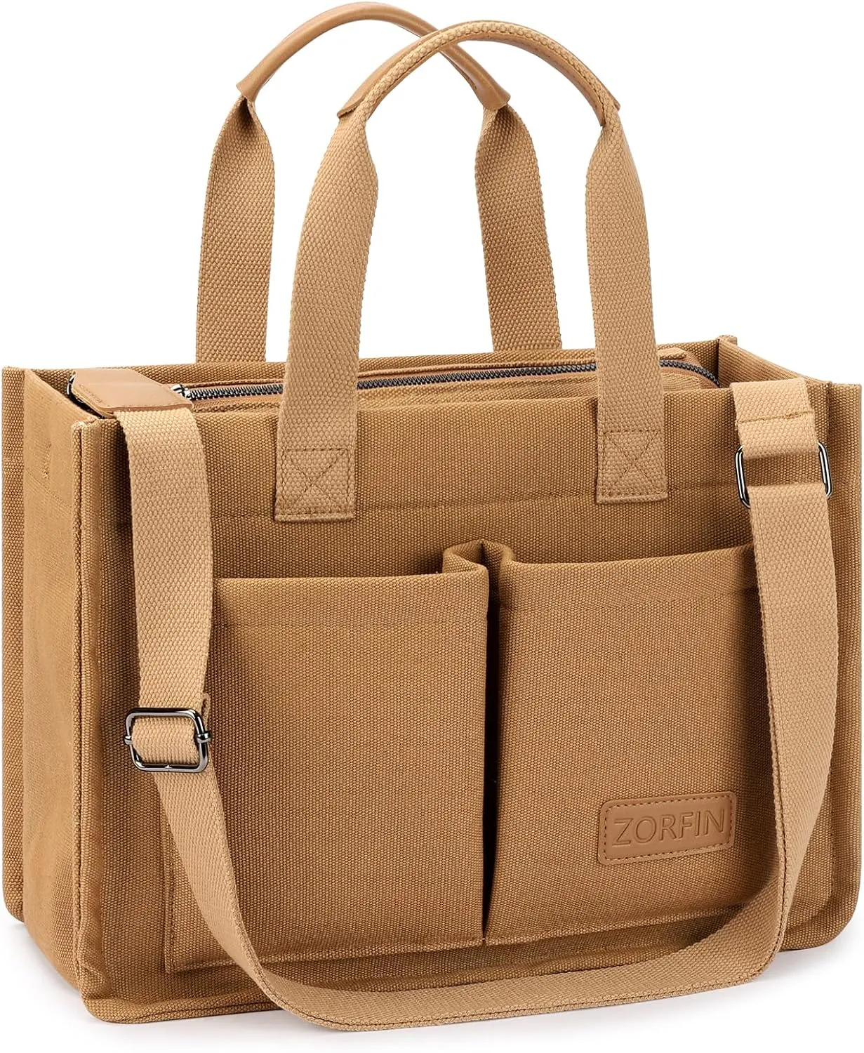 ZORFIN Canvas Tote Bag for Women with Zipper and Compartments Crossbody Work Laptop Bag for Travel College Office